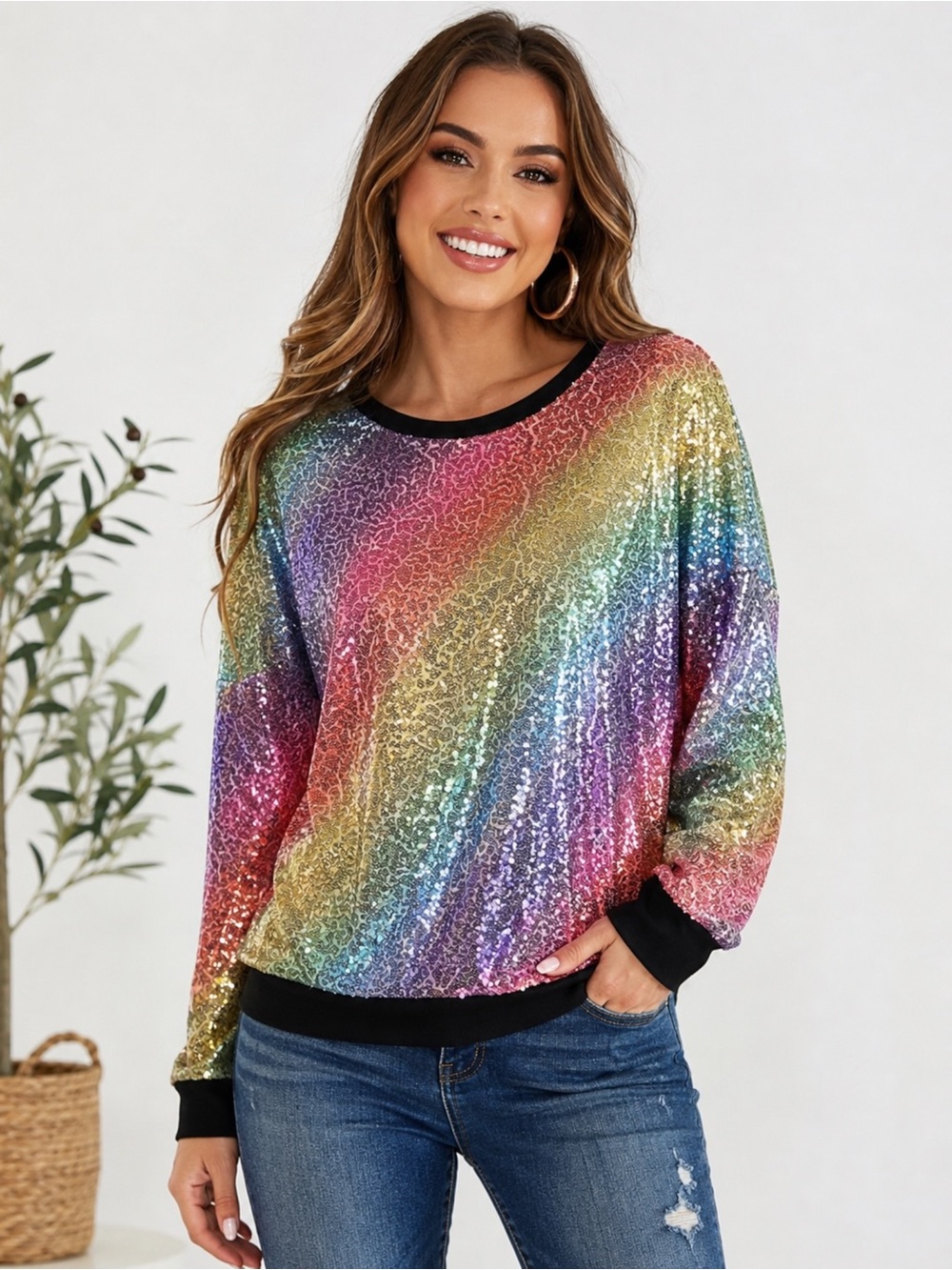 Sunshine & Rodeos Rainbow Sequin Pullover Sweatshirt Top Size M NWT